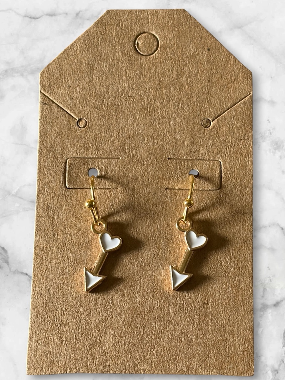Gold Heart Arrow Drop Earrings - White Enamel